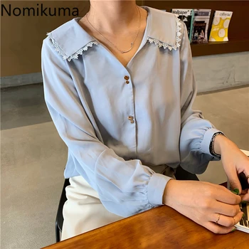 

Nomikuma Single Breasted Long Sleeve Blouse Women Solid Color Fashionable Sweet Shirt Female Spring New Arrival Blusas 3a177