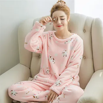 

Pajamas Women Coral Velvet Suit Two Piece Autumn Winter Long Sleeves Pajamas Warm Sleepwear Set Bathrobe Nightgowns Homewear