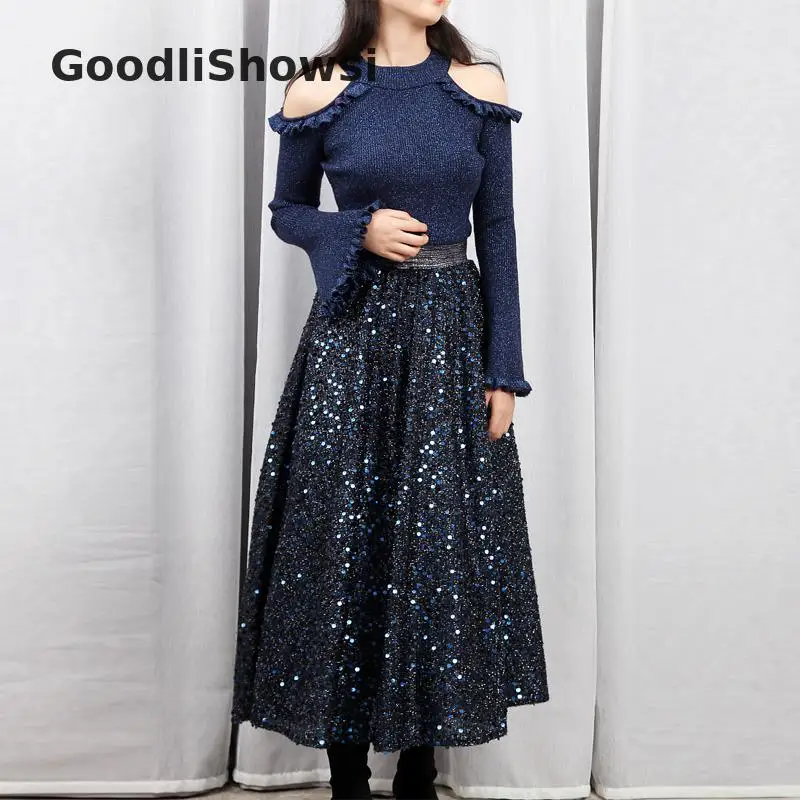 GoodliShowsi, сексуальные женские вечерние комплекты из 2 предметов, женские костюмы с открытыми плечами, свитер из люрекса, Топы+ юбка миди с блестками