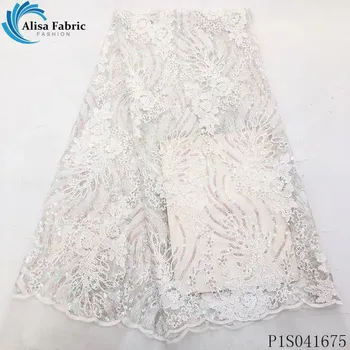 

Alisa african white lace nigerian tulle fabric embroidery with sequins fabrics 5 yards/piece french net laces for garment sewing