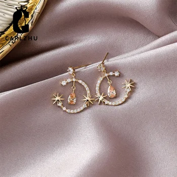 

Bohemia Cubic Zirconia Crescent Moon Star Waterdrop Drop Earrings For Women 925 Sterling Silver Earring Wedding Jewelry Brincos