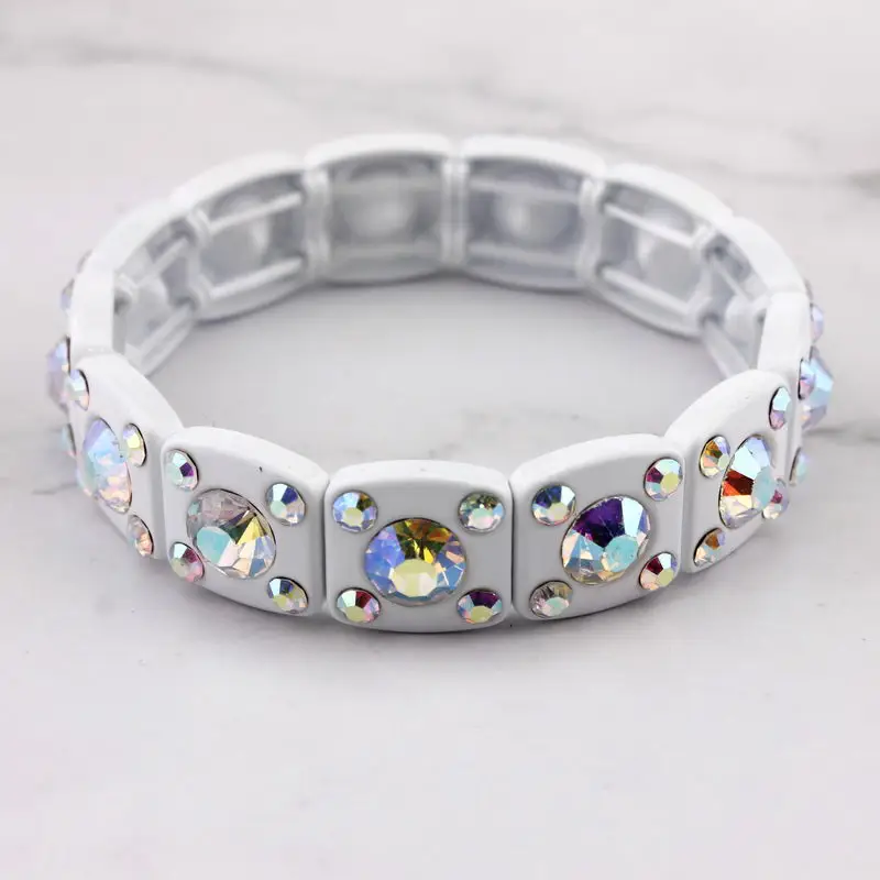 ZWPON Faceted Glass Crystal Square Tile Bead Bangles Bracelets for Women Fashion Multicolor Painted Elastic Bracelets Wholesale - Окраска металла: B2243 White