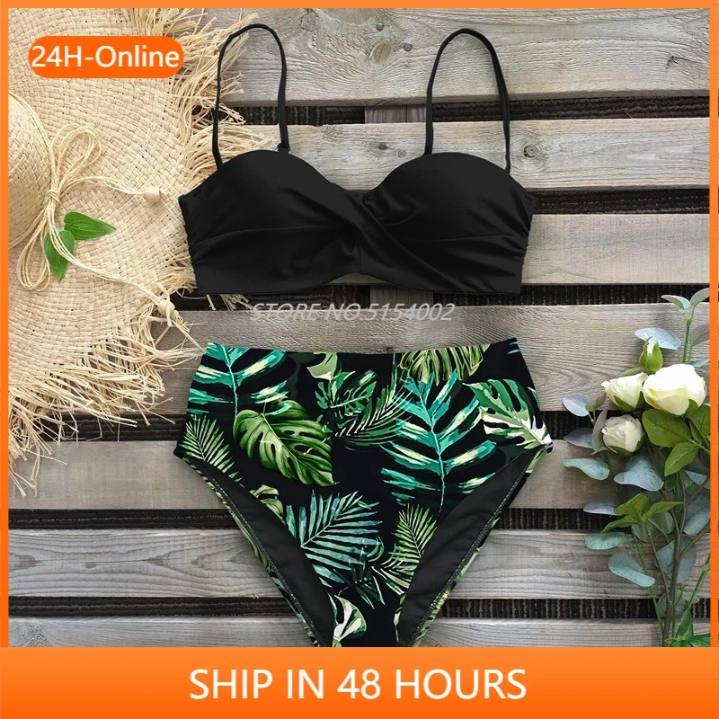 bathing suits Sexy Leaf Print Bikini 2021 Female Swimsuit Women Swimwear Thong Push Up Bikinis Set High Waist Swimming Suits for Bathing Suit red bikini set