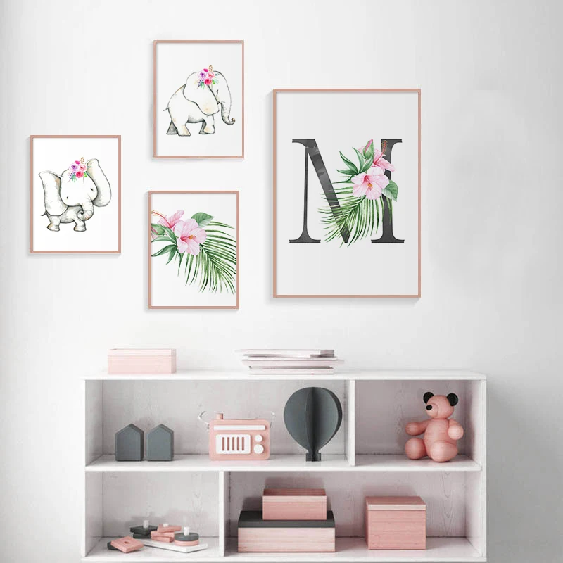 

Cute Elephant Animal Poster Nursery Canvas Painting Wall Art Print Pink Flower Nordic Wall Picture For Kids Bedroom Decoration