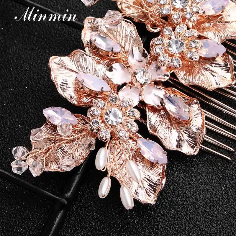 Minmin Rosegold свадебные аксессуары для волос в форме листа с кристаллами для женщин, роскошные расчески для волос ручной работы с искусственным жемчугом, модные украшения для волос для женщин, новинка, FS293