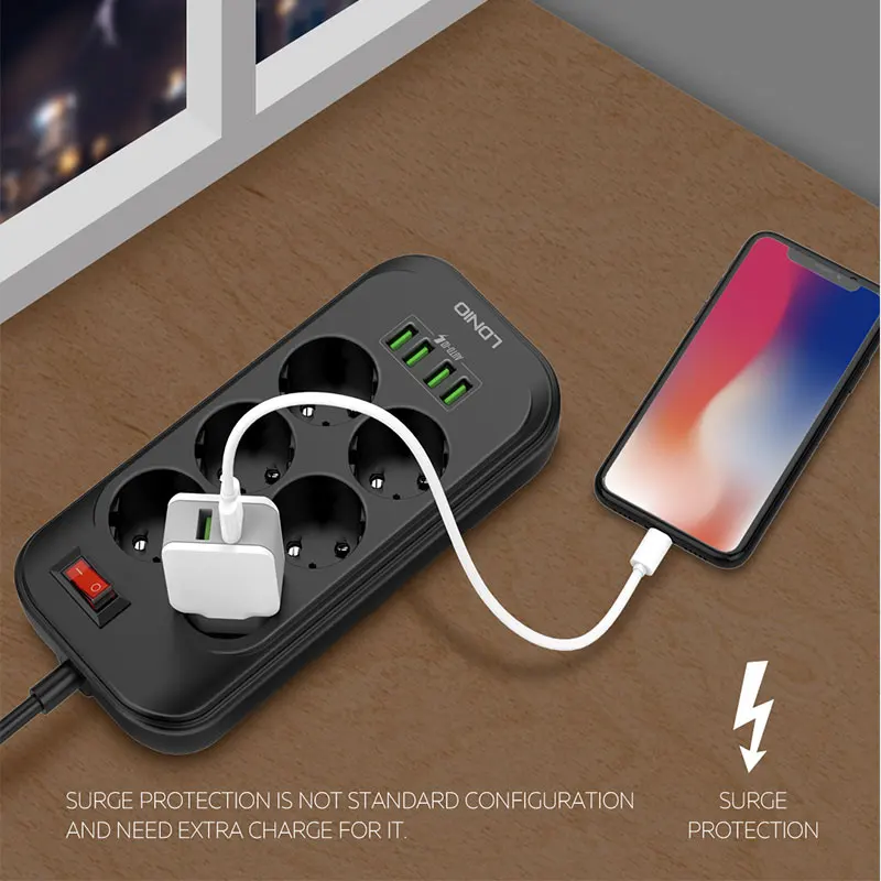 Электрический сетевой фильтр с европейской вилкой 4 USB порта 6 розеток 2500 Вт 250 В 2