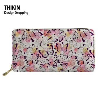 

THIKIN Colorful Butterflies Pink Leather Wallet for Women Coin Purse Cartoon Animal Beauty Female Wallets Phone Money Bag Case