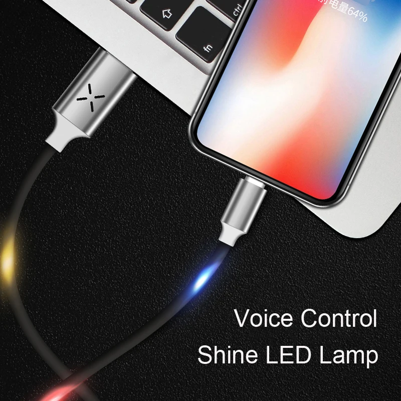 

1m 2.4A Luminous LED Voice Control USB Phone Cable For iPhone/Micro USB/Type C Sound Flash Light Music Fast Charger Data Cable