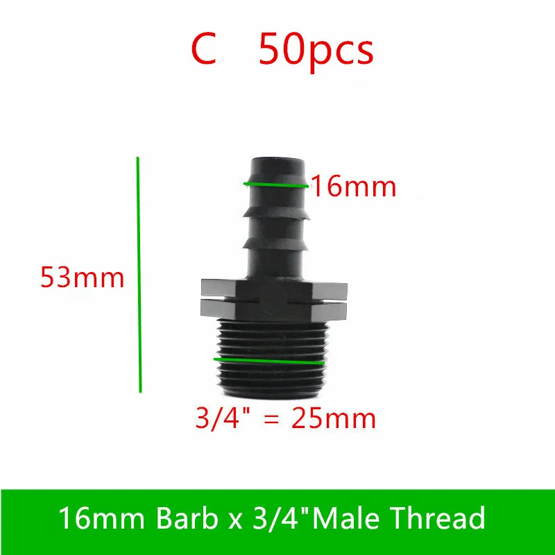 20-50PCS 1/2"3/4" Male x 16mm 20mm Barb Connector Male Adapter Poly Hose Barbed Fitting Dripline Tubing Fittings For LDPE Tube
