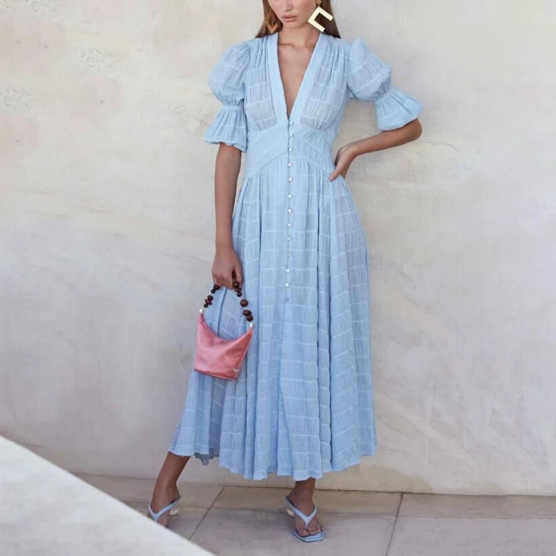 

Blue Sexy V Neck Women Short Sleeve Buttons Elegant Harajuku Dress Ladies European Style Casual Slim Dress SJ4938U