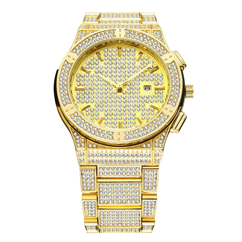dropship ice out full diamond watch for men gold silver stainless steel band mens quartz watches business watches hip hop male clock waterproof 18K gold plated 2020 (19)