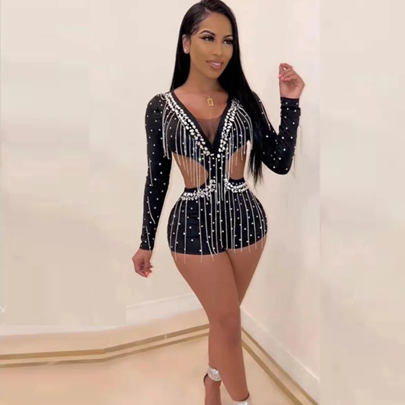 Сексуальный выдалбливают V шеи Bodycon Черный Боди женские осенние с длинным рукавом повязки Модные кисточкой бисером вечерние Клубные боди