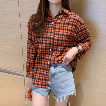 

New Spring Women SLong sleeve Turn-down collar Cotton Shirts Casual and Plaid Vintage Loose large size Women's Blouse
