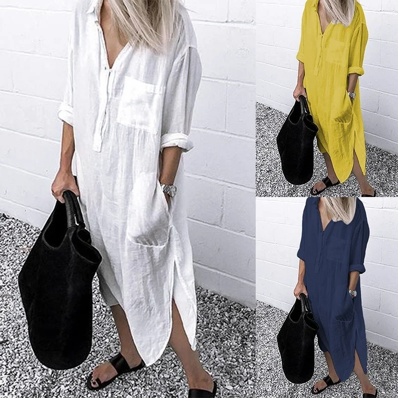 

Winter Sexy Women Side Slit Cotton Long Dress Spring Solid Color Kaftan Party Woman