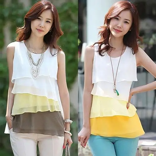 

Women Chiffon Sheer Shirt Round Neck Sleveless Tops Blouse Pullover Multilayer Ves tPlus Size Blusa Feminina рубашка женская