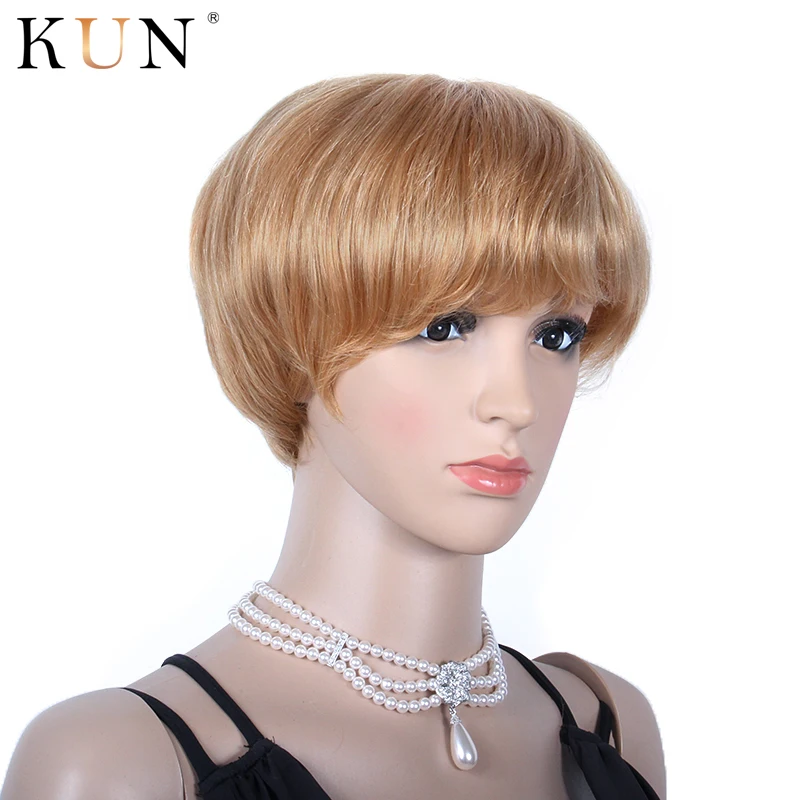 Pixie Cut короткие человеческие волосы парики# 27A клубника блонд парик фронта шнурка предварительно сорвал короткий Боб Cut парики парик Remy для женщин