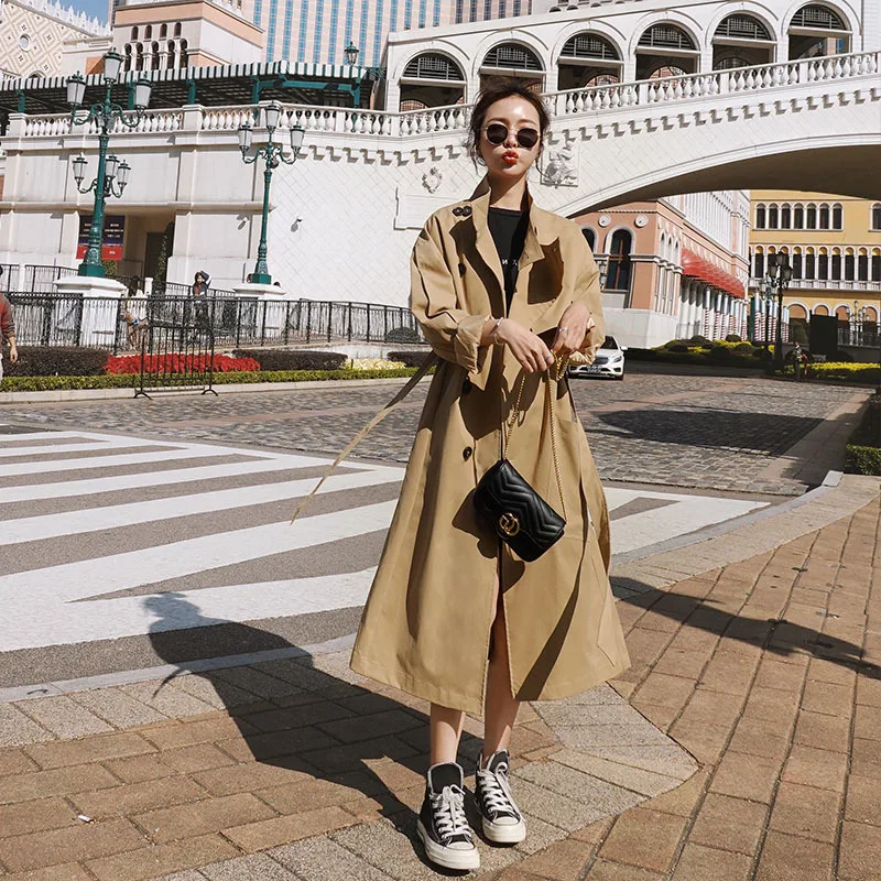 

Photo Shoot 2020 Spring New Style Single Breasted Waist Hugging Explicit Thin Long Trench Coat Women's over-the-Knee Elegant Lar