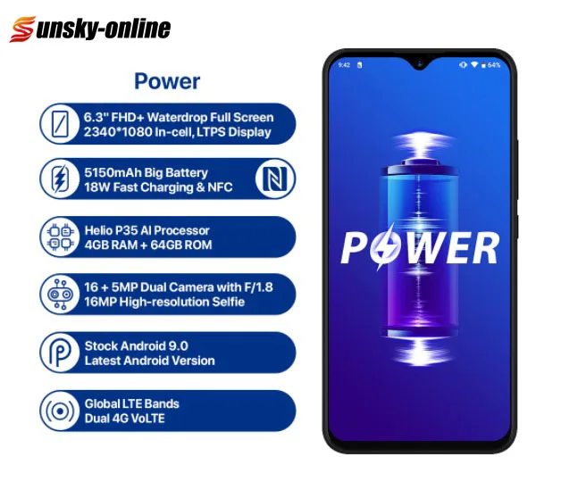 UMIDIGI power, 6,3 дюймов, полностью экранный смартфон, 4 Гб+ 64 ГБ, 5150 мАч, 16 МП, Android 9,0, мобильный телефон, две sim-карты, 4G, OTG, NFC