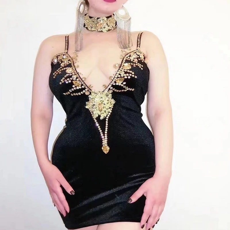 

Fashion Black Sexy Gold Slip Dress Costume Deep V Female Performance Dance Competition Birthday Celebrate Women Singer Wear
