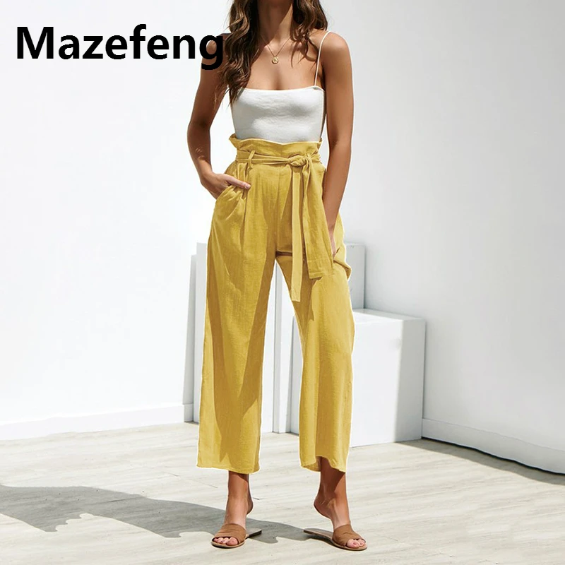 

Mazefeng 2019 Women Fashion Four-color Drawstring Wide Leg Pants Female Spring and Summer Casual Pants Women Solid Pleated Pants
