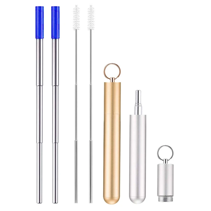 Telescopic Reusable Drinking Straws Portable Stainless Steel Metal Straws Premium Folding Drinking Straws Keychain Set with Alum - Цвет: champagne