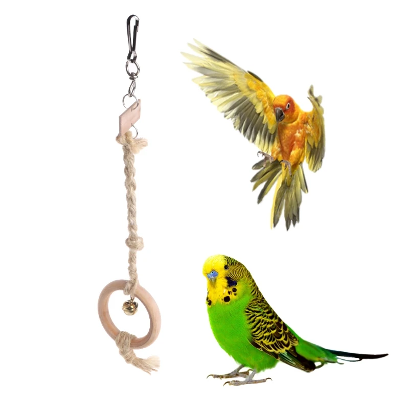 Попугай птица игрушки качели круглый из натурального дерева Лен веревка колокольчик Висячие жевательные для клетки укуса
