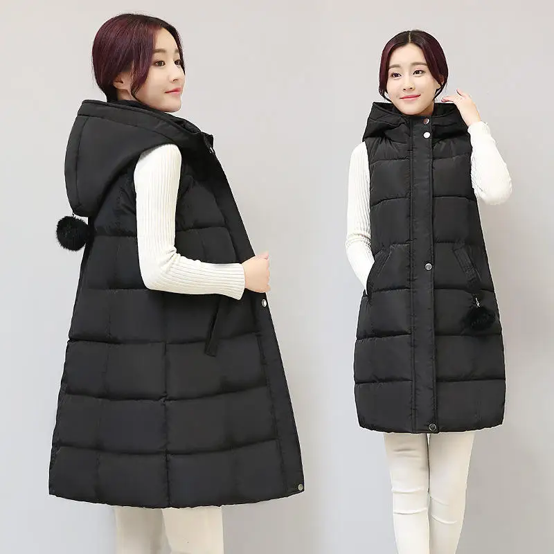 Пуховый женский хлопковый жилет, осенний зимний теплый жилет с капюшоном, женский жилет, пальто большого размера, однотонный Повседневный жилет без рукавов для женщин Q2103 - Цвет: Black Vest