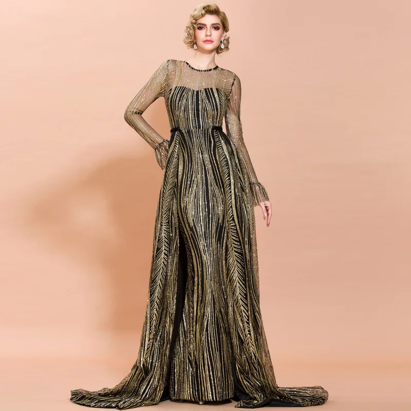 

2020 Spring New Style Europe And America Hot Selling New Style Dress Sexy Transparent Two-Piece Set Mopping Evening Gown Women's