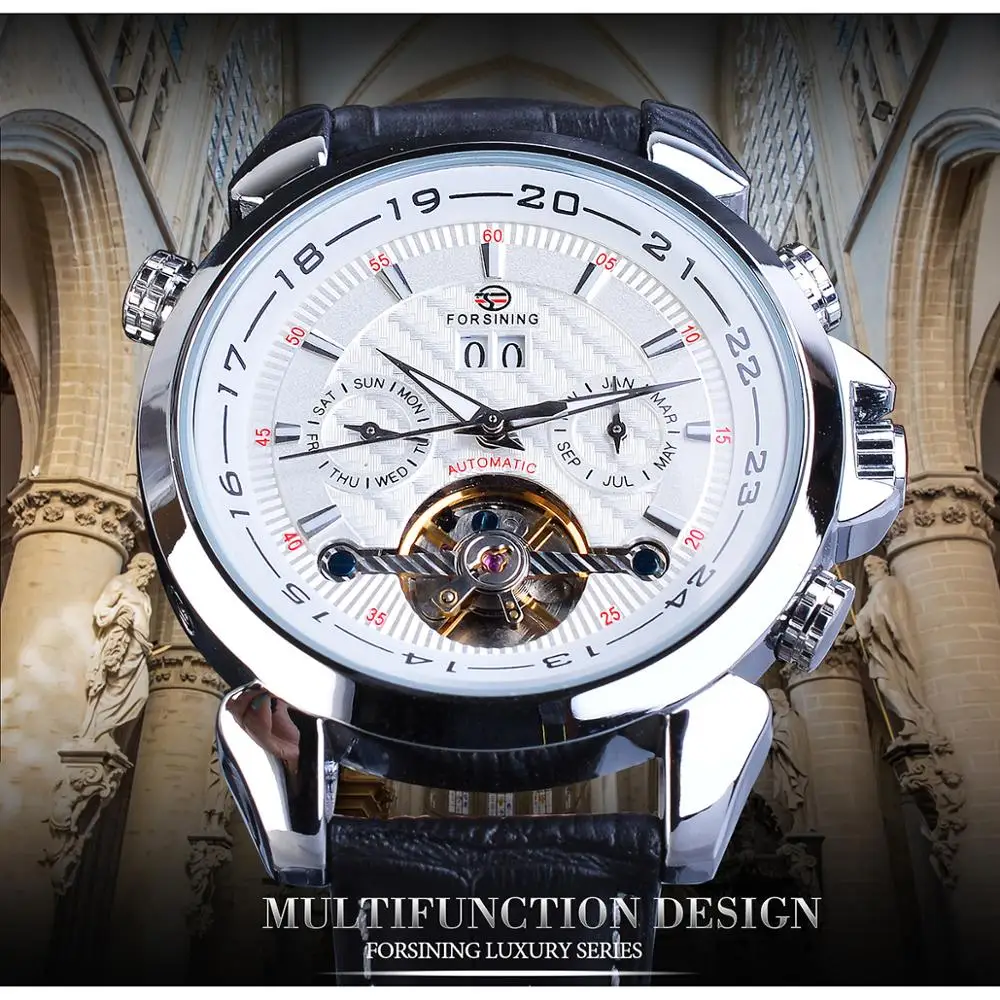 Forsining Silver Tourbillon Мужские механические часы автоматический дисплей даты подлинные наручные часы с кожаным ремешком деловые часы Relogio