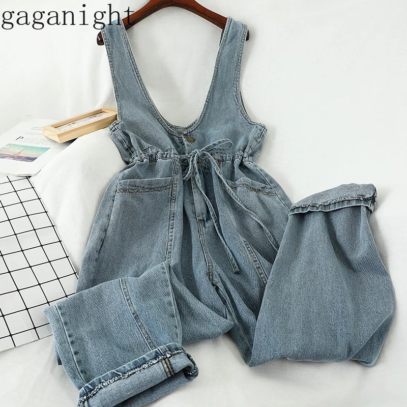 

Gaganight High Waist Hip Denim Straight Bodysuit Sexy Sleeveless Off Shoulder Solid Jumpsuit Slim Waist Lace Up Wild Playsuit