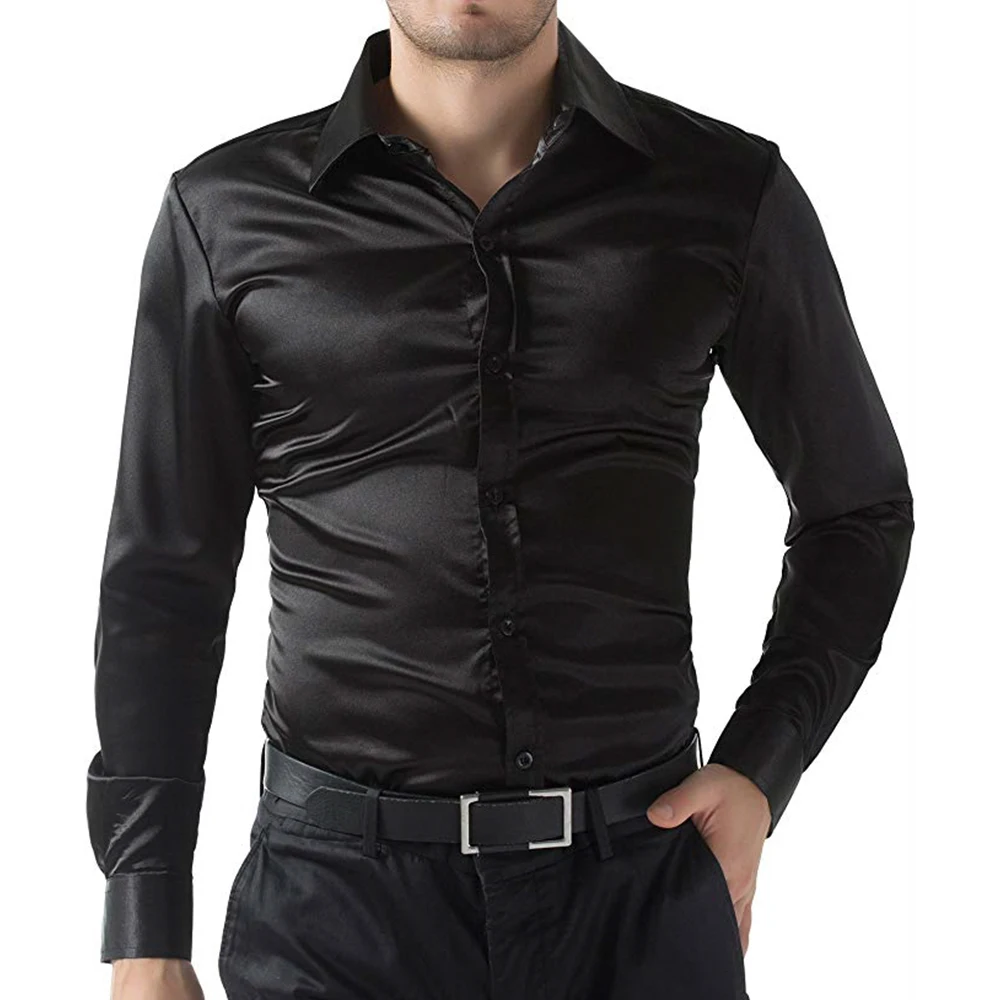 Men Formal Satin Shirt Shiny Long 
