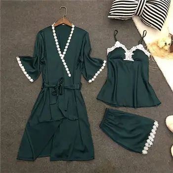 

Women Sexy Lace Silk Pajama Sets With Padded Fashion Coat+Vest+Shorts Suits Elegant 3PCS Satin Pajamas x