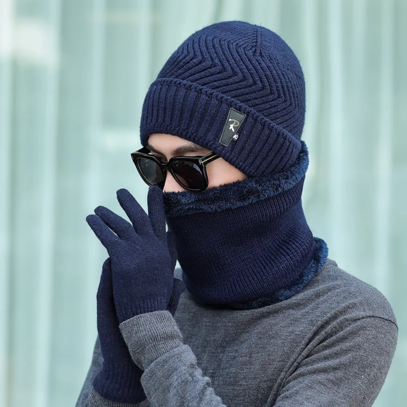 Winter Hat Set Scarf Glove 3 Pieces For Men And Women Outdoor Knitted Hat Warm Thicken Skullies Beanie Scarf Set