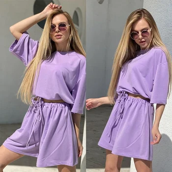 

Fashion Summer Casual Women Lounge Wear Set Short Sleeve Shirt Tops and Loose Shorts Drawstring 2 Piece Set Outfits