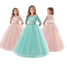 Кружевное платье с цветочным узором для девочек; длинное платье принцессы с вышитыми цветами для торжественных случаев; Детские платья для девочек; Свадебная вечерняя одежда