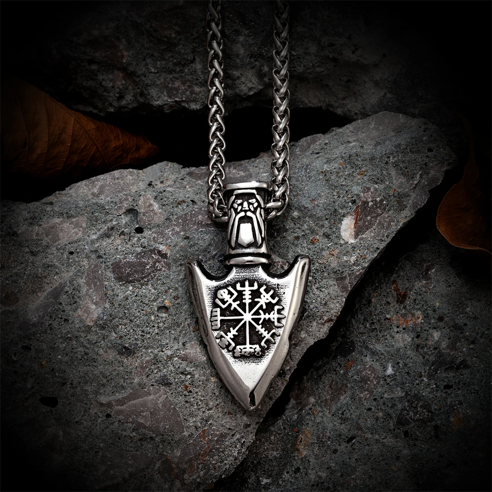 Men's Stainless Steel Viking Shield Pendant Necklace - Norse Odin Design, 25 Inch Chain