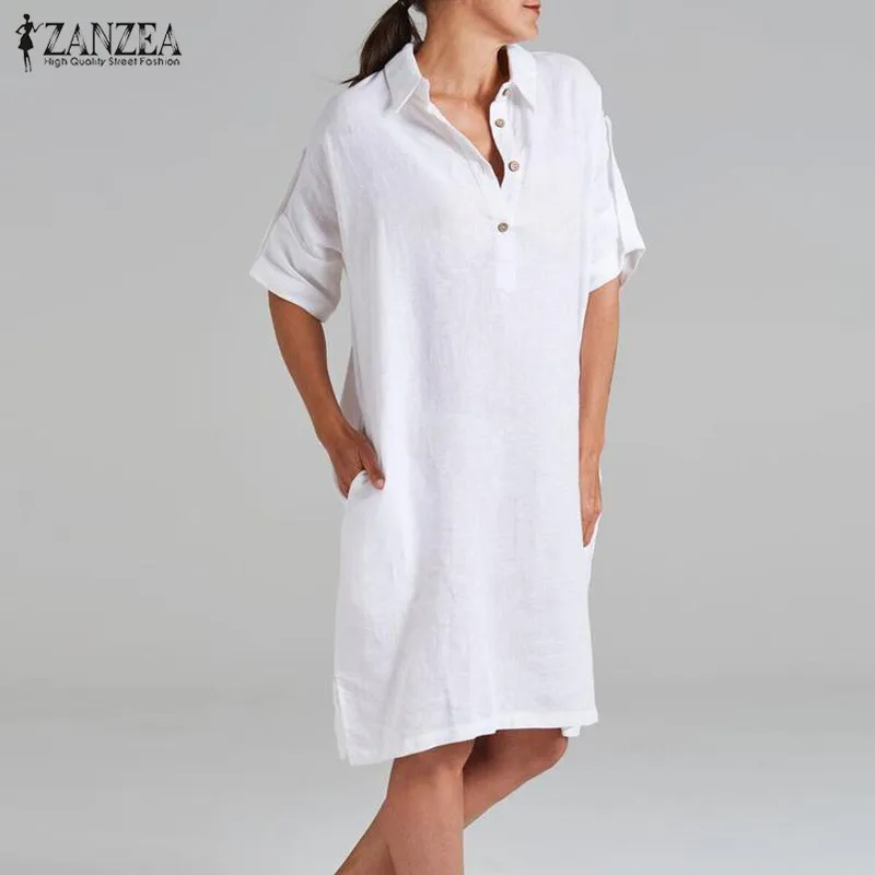 

ZANZEA Women Shirt Dress Summer Autumn 2019 Solid Button Adjustable Sleeve Knee Length Vestidos Beach Party Plus Size Sundress