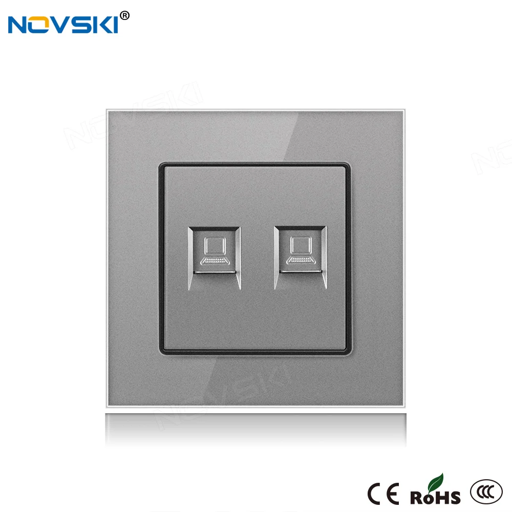 

NOVSKI Luxury utp cat6 10Gb Data Socket CATV RJ11 Tel Socket Crystal Glass 86*86 mm PC Panel RJ45 outlet, grey