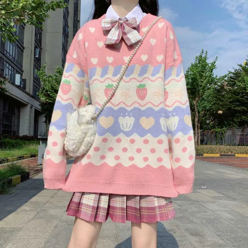 

Japanese Kawaii Knitting Sweater Women New Autumn Winter Vintage Pink Knitting Top Cute Strawberry Printing Long Sleeve Pullover