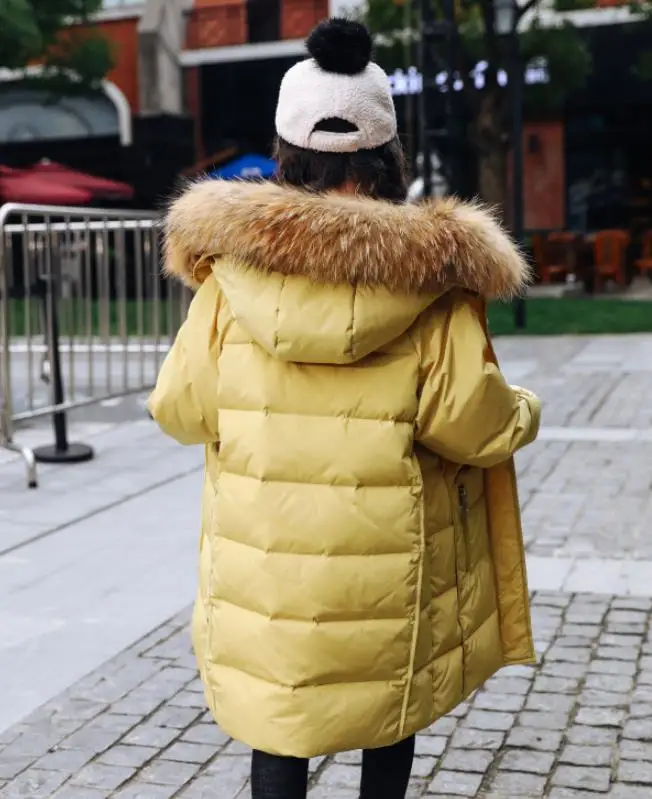 Новые Теплые зимние Утепленные пуховики для девочек-подростков длинные пуховые пальто с меховым воротником для детей, верхняя одежда для детей, парки