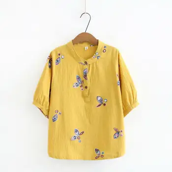 

Plus size embroidery half sleeve women cotton loose Tshirts 2020 new summer casual ladies soft navy white t shirts female tops