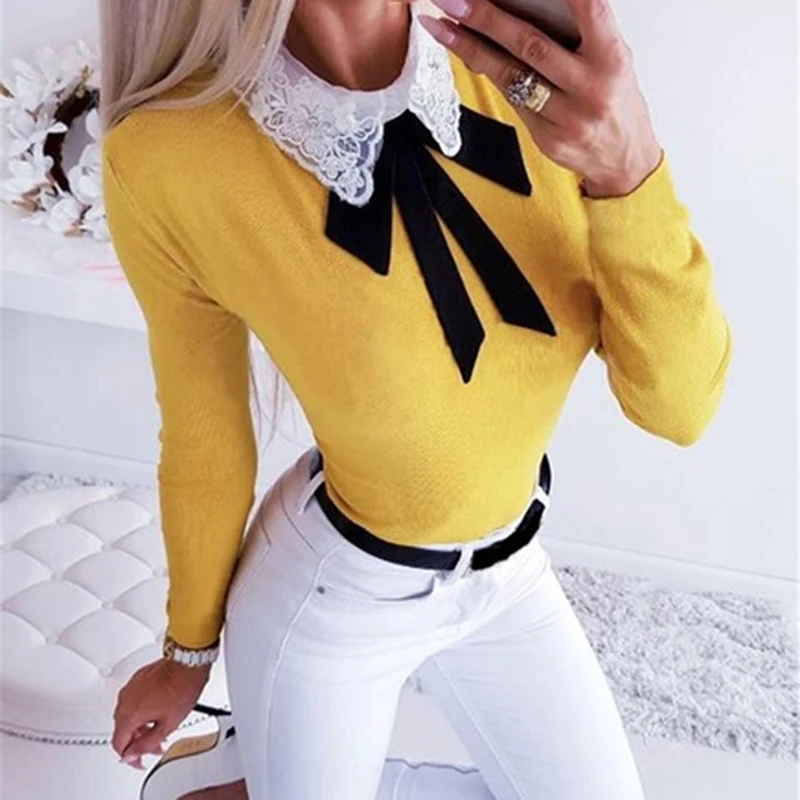 Женская футболка Camiseta Mujer вышитый кружевной тонкий галстук-бабочка футболка осень длинный рукав сплошной цвет Топы Женская облегающая футболка - Цвет: yellow