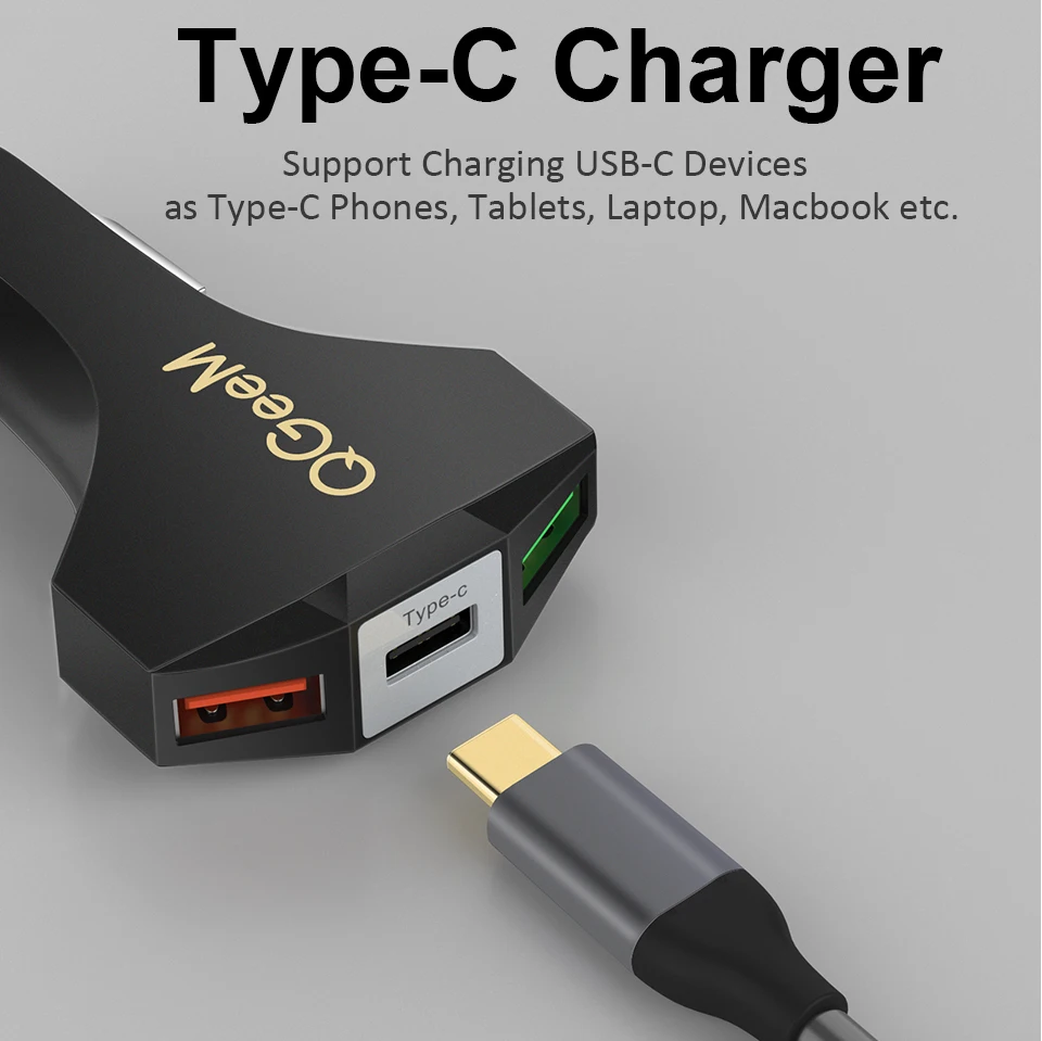 QGEEM USB C автомобильное зарядное устройство Quick Charge 3,0 Авто Тип C быстрое автомобильное зарядное устройство адаптер молоток 3USB портативное автомобильное зарядное устройство для iPhone Xiaomi