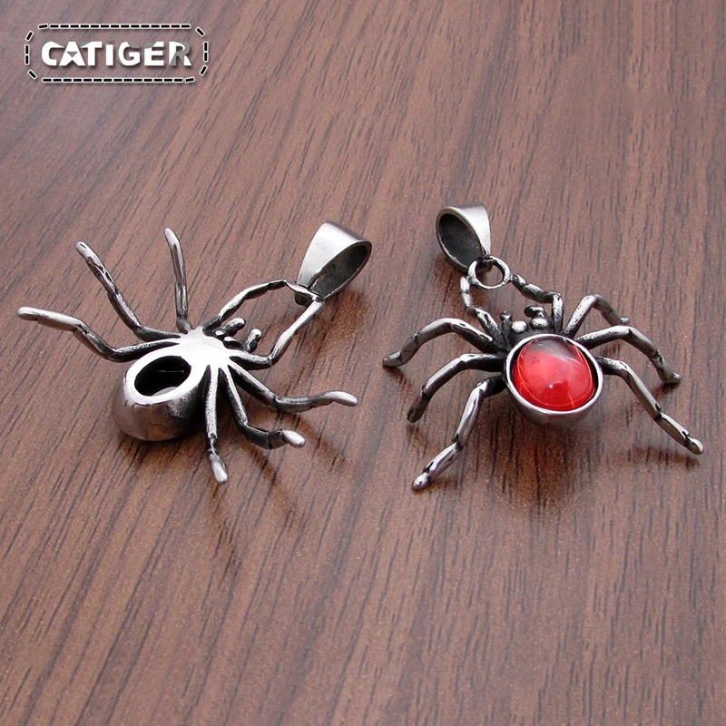 Punk 316 Stainless Steel Silver Color Red Crystal Spider Pendant Halloween Party Decor Gift Animal Necklace 2