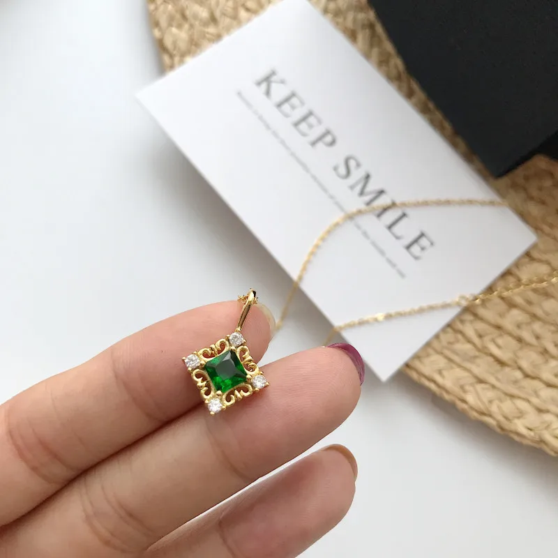 

S925 Silver Fashionable Golden Trend Green Zircon Stone Pendant Necklace Silver Jewelry Women's Necklace