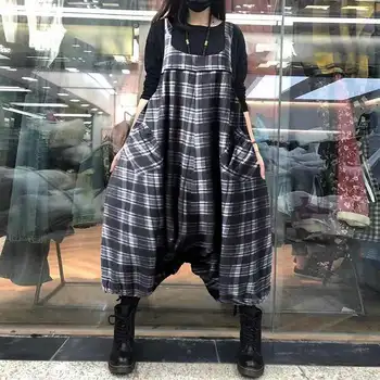 

Plus Size Women Drop Crotch Jumpsuits ZANZEA Vintage Check Overalls Pants Pantalon Female Trousers Baggy Dungarees Romper Turnip