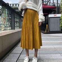 REALEFT/Новое поступление; сезон осень-зима; женские замшевые гофрированные Длинные юбки; однотонные элегантные юбки до середины икры с высокой талией в стиле Харадзюку; фатиновые юбки трапециевидной формы