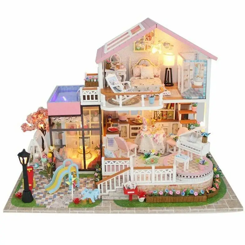

Mini VIP Villa Toy Dollhouse Scene Accessories DIY LED Light Dollhouse Miniature Cabin Model Pocket Furniture with Dust Cover