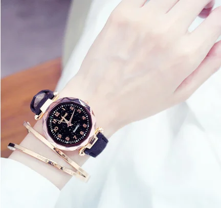 Frauen Uhren очаровательное звездное небо Uhr Frauen повседневное Leder Band Damen Armbanduhr Kleid quaris Uhr montre femme reloj mujer