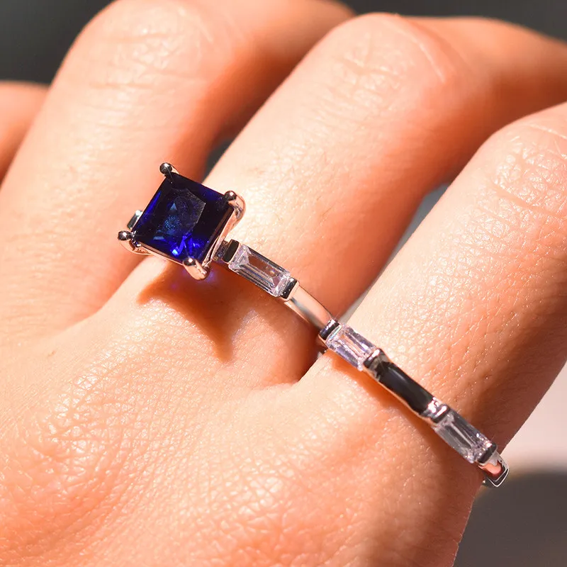 Роскошное женское синее розовое кольцо с кристаллом, модные вечерние свадебные кольца для женщин, очаровательное серебряное квадратное обручальное кольцо
